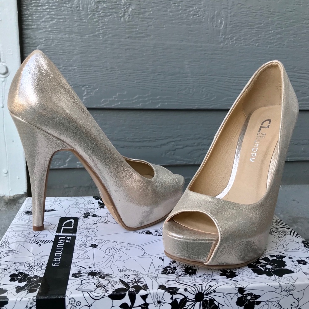 Champagne/Gold Peep Toe Platform Heel Pumps